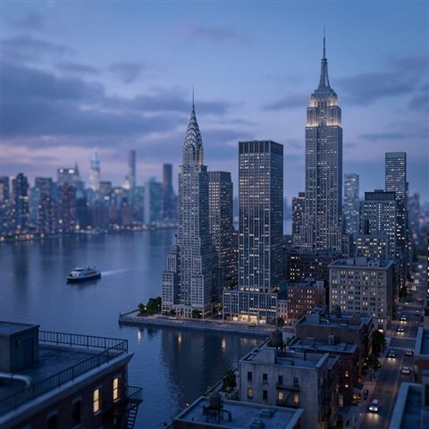 Soft 3d render of the New York City skyline, close-up detail with shallow depth of field, cool blue tones, quiet atmosphere, 1:1 aspect ratio