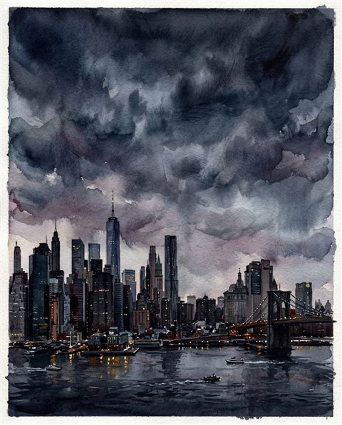 Watercolor illustration of the New York City skyline, wide shot with open space at the top for text, moody dark tones, dramatic lighting, 4:5 aspect ratio