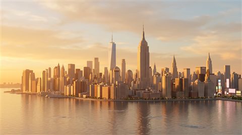 Soft 3d render of the New York City skyline, centered subject with a simple uncluttered composition, warm golden light, calm mood, 16:9 aspect ratio