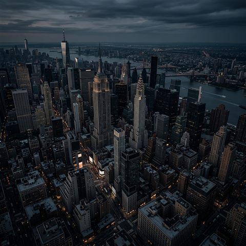 Soft 3d render of the New York City skyline, high-angle view from above, moody dark tones, dramatic lighting, 1:1 aspect ratio