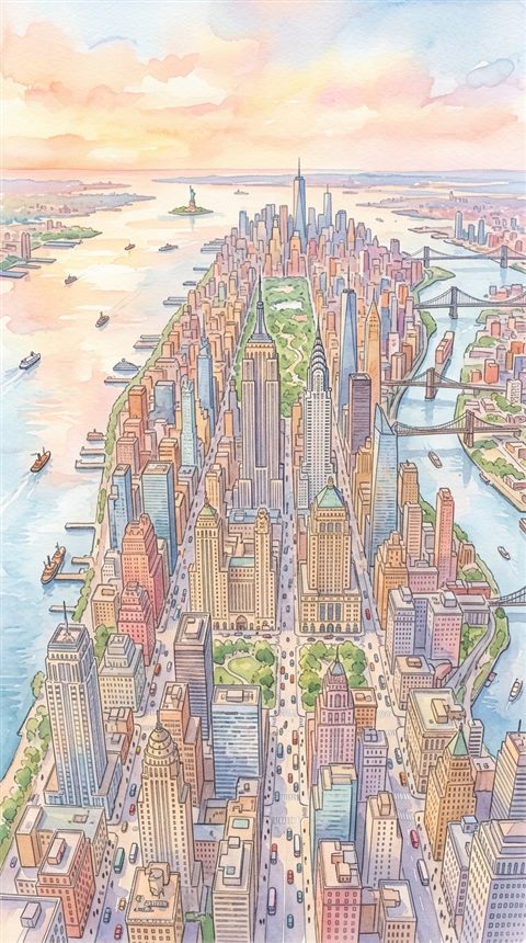Watercolor illustration of the New York City skyline, high-angle view from above, soft pastel colors, bright and cozy, 9:16 aspect ratio