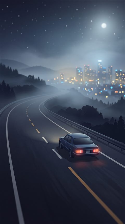 Minimal flat illustration of car driving on an empty highway at night with city lights, close-up detail with shallow depth of field, misty morning haze, dreamy, 9:16 aspect ratio