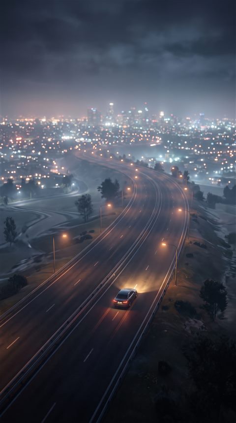 Soft 3d render of car driving on an empty highway at night with city lights, high-angle view from above, misty morning haze, dreamy, 9:16 aspect ratio
