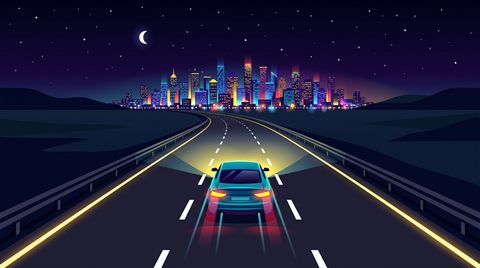 Minimal flat illustration of car driving on an empty highway at night with city lights, centered subject with a simple uncluttered composition, vivid colors, high contrast, energetic, 16:9 aspect ratio