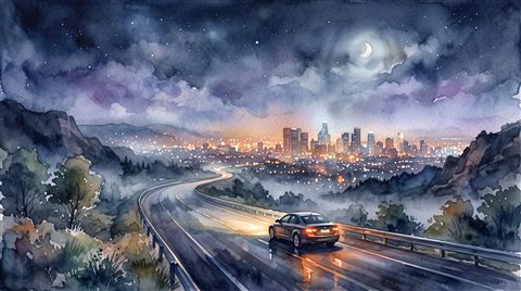 Watercolor illustration of car driving on an empty highway at night with city lights, wide shot with open space at the top for text, misty morning haze, dreamy, 16:9 aspect ratio
