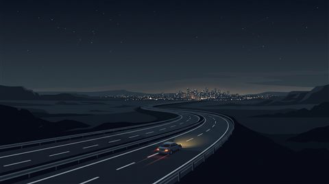 Minimal flat illustration of car driving on an empty highway at night with city lights, wide shot with open space at the top for text, moody dark tones, dramatic lighting, 16:9 aspect ratio