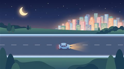 Minimal flat illustration of car driving on an empty highway at night with city lights, high-angle view from above, soft pastel colors, bright and cozy, 16:9 aspect ratio