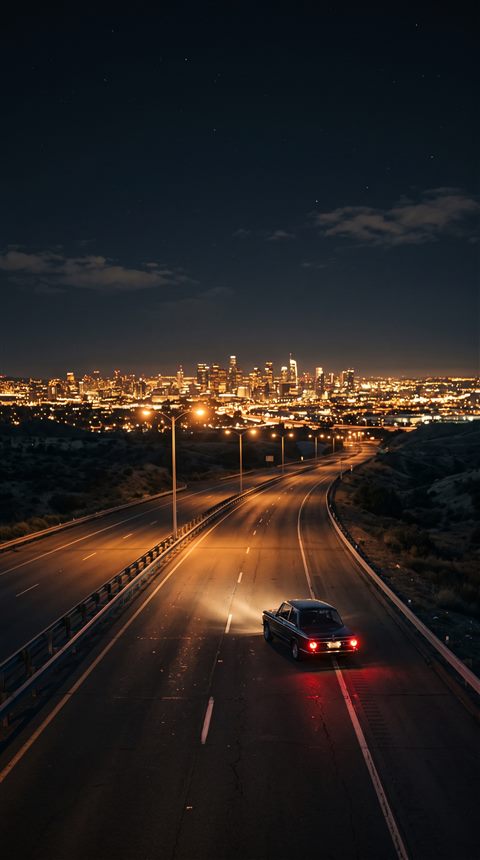 Cinematic film still of car driving on an empty highway at night with city lights, wide shot with open space at the top for text, warm golden light, calm mood, 9:16 aspect ratio