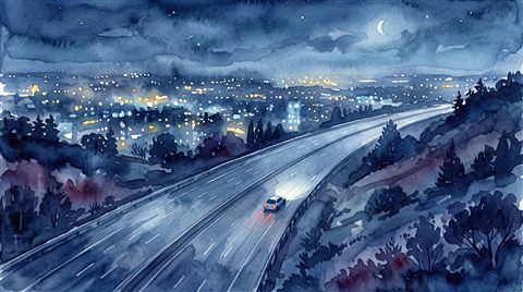 Watercolor illustration of car driving on an empty highway at night with city lights, high-angle view from above, cool blue tones, quiet atmosphere, 16:9 aspect ratio