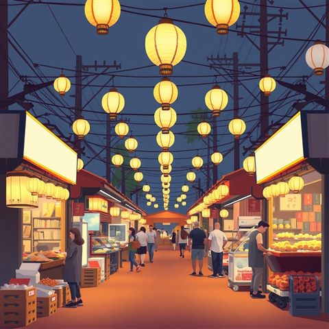 Minimal flat illustration of A bustling street food market illuminated by glowing paper lanterns and warm string lights at night., centered subject with a simple uncluttered composition, soft pastel colors, bright and cozy, 1:1 aspect ratio