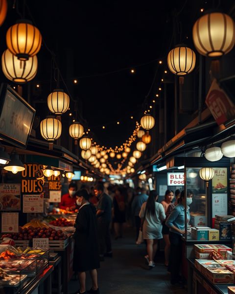 Photorealistic photo of A bustling street food market illuminated by glowing paper lanterns and warm string lights at night., close-up detail with shallow depth of field, moody dark tones, dramatic lighting, 4:5 aspect ratio