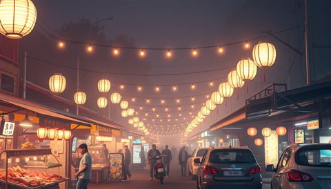 Soft 3D render of A bustling street food market illuminated by glowing paper lanterns and warm string lights at night., wide shot with open space at the top for text, misty morning haze, dreamy, 16:9 aspect ratio