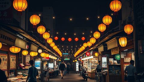 Photorealistic photo of A bustling street food market illuminated by glowing paper lanterns and warm string lights at night., wide shot with open space at the top for text, warm golden light, calm mood, 16:9 aspect ratio