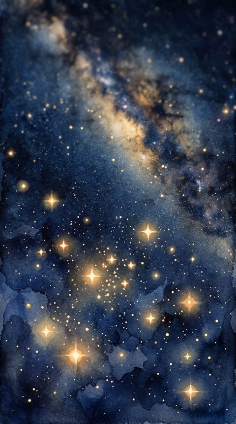 Watercolor illustration of starry night sky, close-up detail with shallow depth of field, warm golden light, calm mood, 9:16 aspect ratio