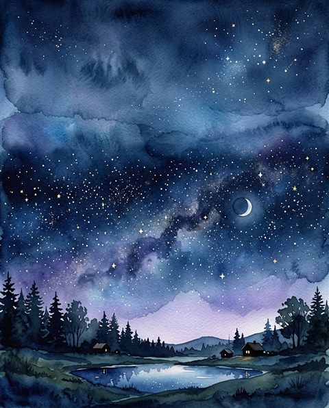 Watercolor illustration of starry night sky, wide shot with open space at the top for text, cool blue tones, quiet atmosphere, 4:5 aspect ratio