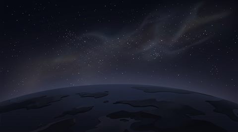 Minimal flat illustration of starry night sky, high-angle view from above, moody dark tones, dramatic lighting, 16:9 aspect ratio