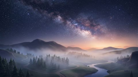 Soft 3d render of starry night sky, wide shot with open space at the top for text, misty morning haze, dreamy, 16:9 aspect ratio