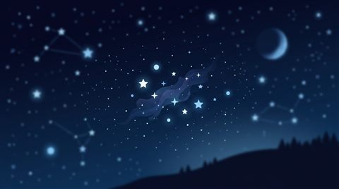Minimal flat illustration of starry night sky, close-up detail with shallow depth of field, cool blue tones, quiet atmosphere, 16:9 aspect ratio