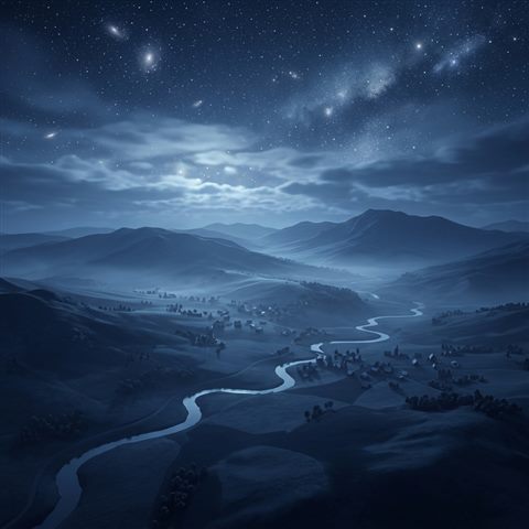 Soft 3d render of starry night sky, high-angle view from above, cool blue tones, quiet atmosphere, 1:1 aspect ratio