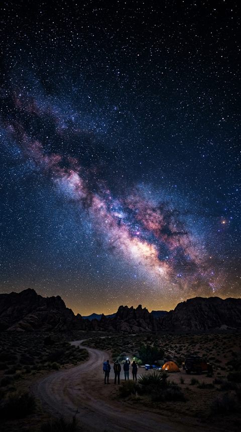 Cinematic film still of starry night sky, wide shot with open space at the top for text, vivid colors, high contrast, energetic, 9:16 aspect ratio