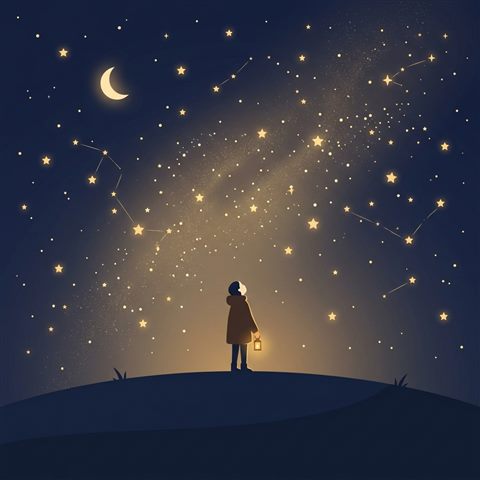 Minimal flat illustration of starry night sky, centered subject with a simple uncluttered composition, warm golden light, calm mood, 1:1 aspect ratio