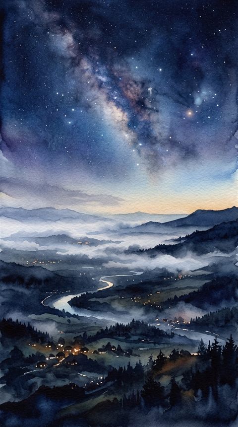 Watercolor illustration of starry night sky, high-angle view from above, misty morning haze, dreamy, 9:16 aspect ratio
