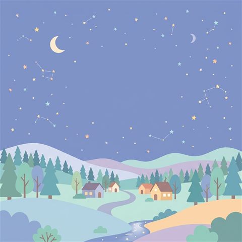Minimal flat illustration of starry night sky, wide shot with open space at the top for text, soft pastel colors, bright and cozy, 1:1 aspect ratio