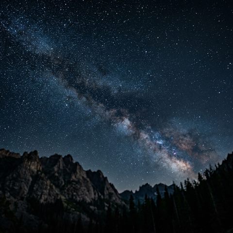 Photorealistic photo of starry night sky, close-up detail with shallow depth of field, moody dark tones, dramatic lighting, 1:1 aspect ratio