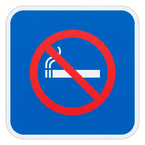 Pictogram sign, white figure on a solid blue rounded square of a no smoking pictogram with a cigarette inside a red prohibition circle with a slash, transparent background PNG