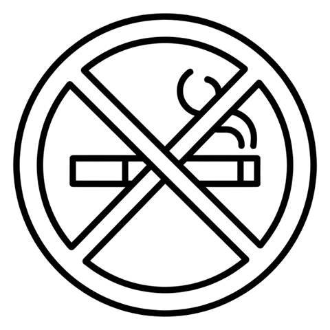 Thin line pictogram, black outline of a no smoking pictogram with a cigarette inside a red prohibition circle with a slash, transparent background PNG