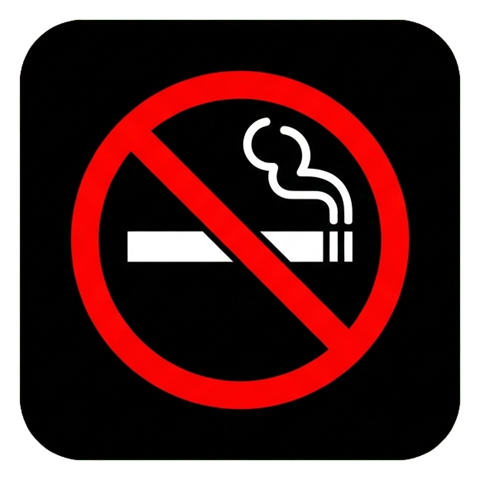 Pictogram sign, white figure on a solid black rounded square of a no smoking pictogram with a cigarette inside a red prohibition circle with a slash, transparent background PNG