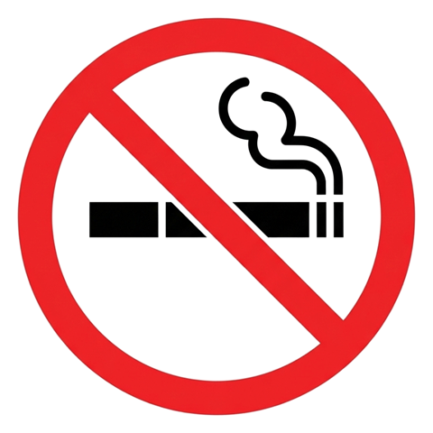 Standard pictogram, solid black figure of a no smoking pictogram with a cigarette inside a red prohibition circle with a slash, transparent background PNG