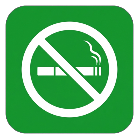 Pictogram sign, white figure on a solid green rounded square of a no smoking pictogram with a cigarette inside a red prohibition circle with a slash, transparent background PNG
