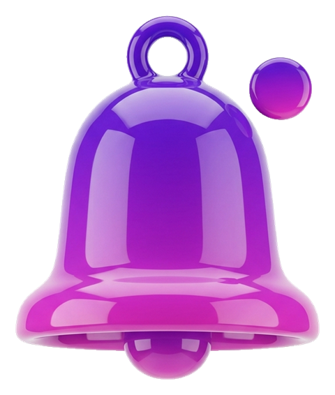 Glossy 3D render, purple and pink gradient of a notification bell icon, transparent background PNG