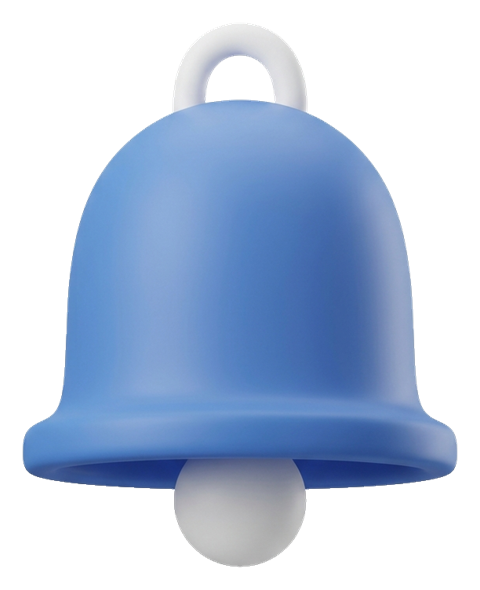Matte 3D render, blue and white color scheme of a notification bell icon, transparent background PNG