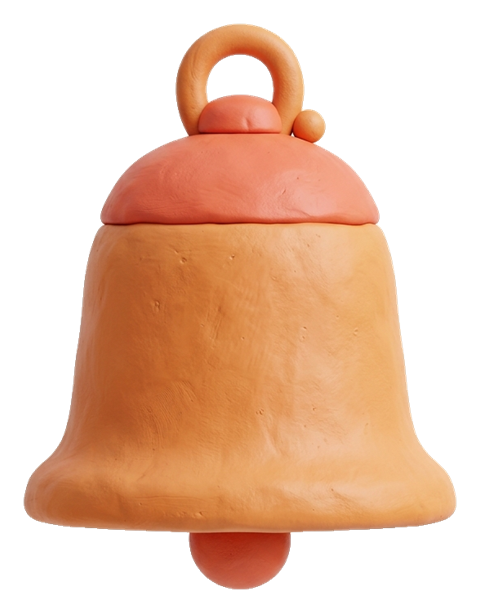 Clay 3D render, warm orange and coral tones of a notification bell icon, transparent background PNG