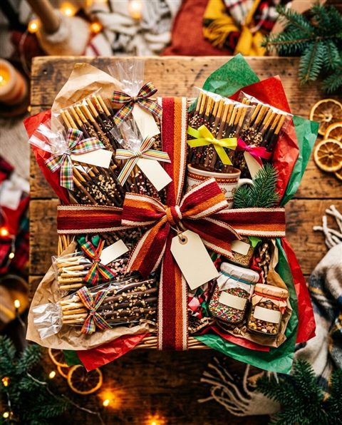 Cinematic film still of a cozy gift set with stick cookies and a ribbon, high-angle view from above, vivid colors, high contrast, energetic, 4:5 aspect ratio