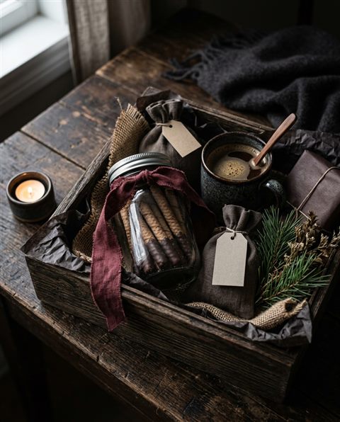 Photorealistic photo of a cozy gift set with stick cookies and a ribbon, high-angle view from above, moody dark tones, dramatic lighting, 4:5 aspect ratio