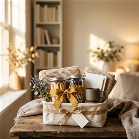 Photorealistic photo of a cozy gift set with stick cookies and a ribbon, wide shot with open space at the top for text, warm golden light, calm mood, 1:1 aspect ratio