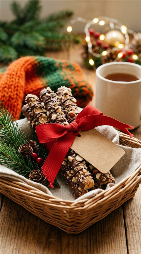 Cinematic film still of a cozy gift set with stick cookies and a ribbon, close-up detail with shallow depth of field, vivid colors, high contrast, energetic, 9:16 aspect ratio