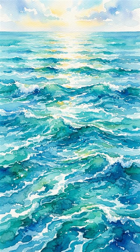 Watercolor illustration of calm turquoise ocean with gentle waves, high-angle view from above, vivid colors, high contrast, energetic, 9:16 aspect ratio