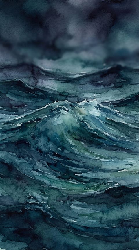 Watercolor illustration of calm turquoise ocean with gentle waves, close-up detail with shallow depth of field, moody dark tones, dramatic lighting, 9:16 aspect ratio