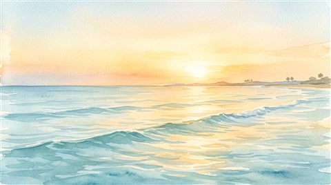 Watercolor illustration of calm turquoise ocean with gentle waves, wide shot with open space at the top for text, warm golden light, calm mood, 16:9 aspect ratio