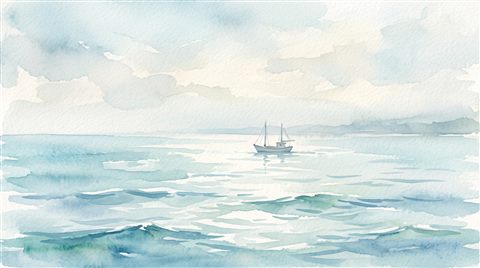 Watercolor illustration of calm turquoise ocean with gentle waves, centered subject with a simple uncluttered composition, misty morning haze, dreamy, 16:9 aspect ratio