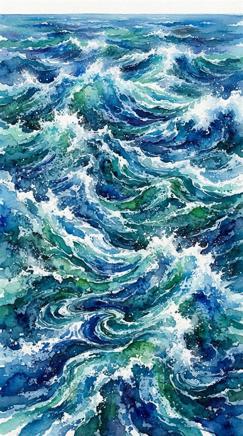 Watercolor illustration of ocean waves, high-angle view from above, vivid colors, high contrast, energetic, 9:16 aspect ratio