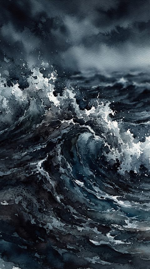 Watercolor illustration of ocean waves, close-up detail with shallow depth of field, moody dark tones, dramatic lighting, 9:16 aspect ratio