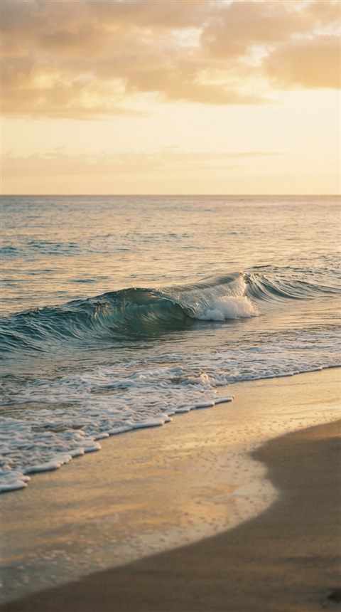 Cinematic film still of ocean waves, centered subject with a simple uncluttered composition, warm golden light, calm mood, 9:16 aspect ratio