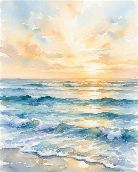 Watercolor illustration of ocean waves, wide shot with open space at the top for text, warm golden light, calm mood, 4:5 aspect ratio