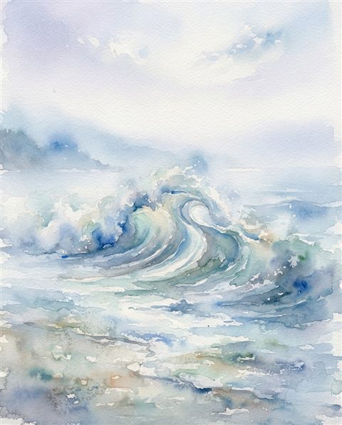 Watercolor illustration of ocean waves, centered subject with a simple uncluttered composition, misty morning haze, dreamy, 4:5 aspect ratio