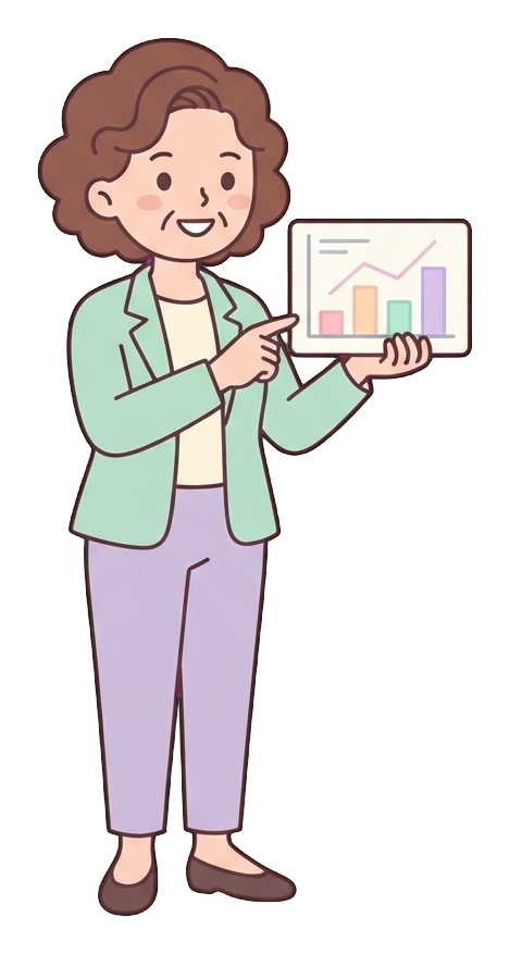 Simple cute flat cartoon illustration with soft pastel colors and thin clean dark outlines of a middle-aged woman, office worker presenting in a meeting, pointing at a small chart board, transparent background PNG